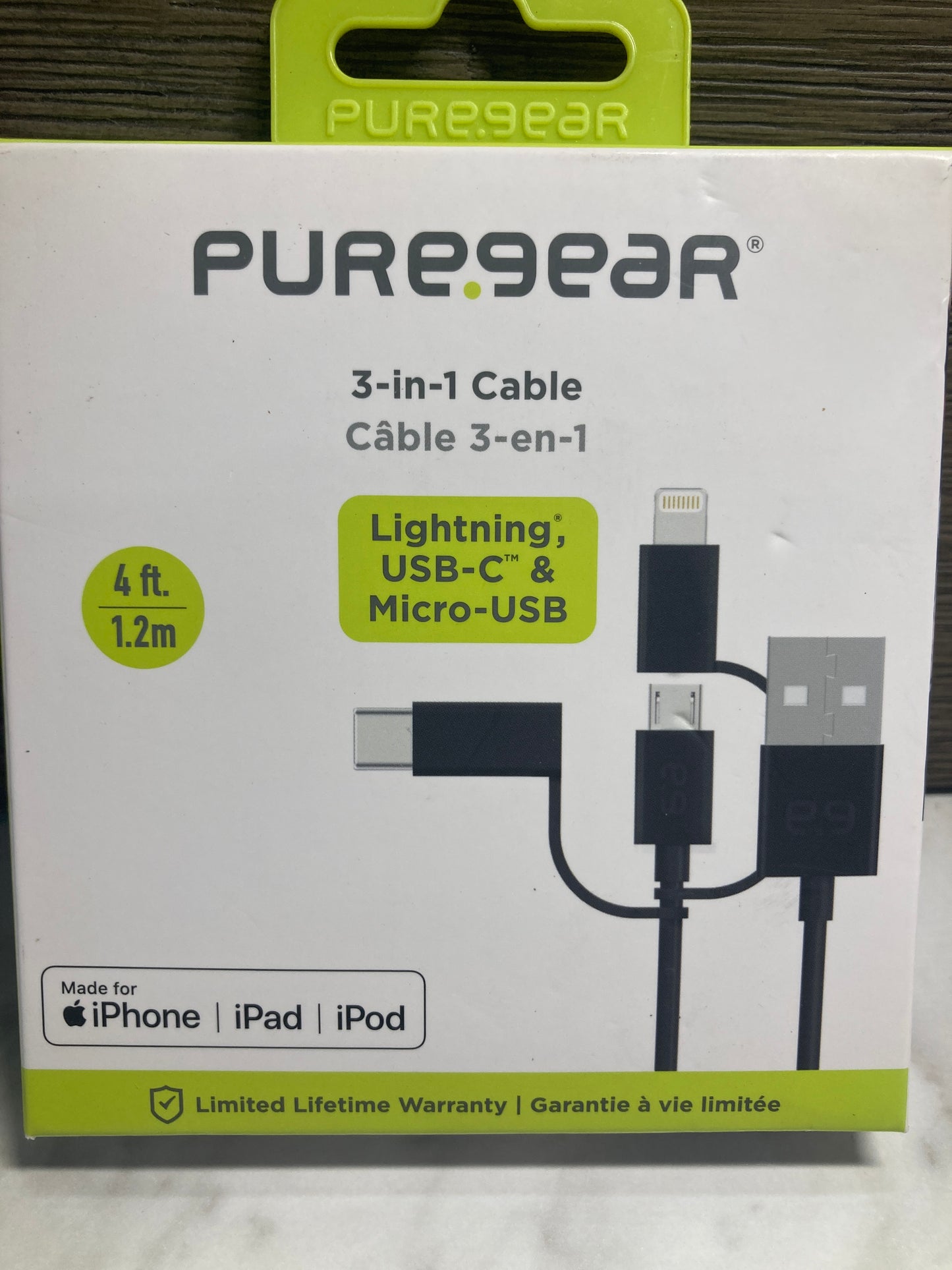 PureGear 3-in-1 cable 4ft 8pin, USB-C and micro-USB