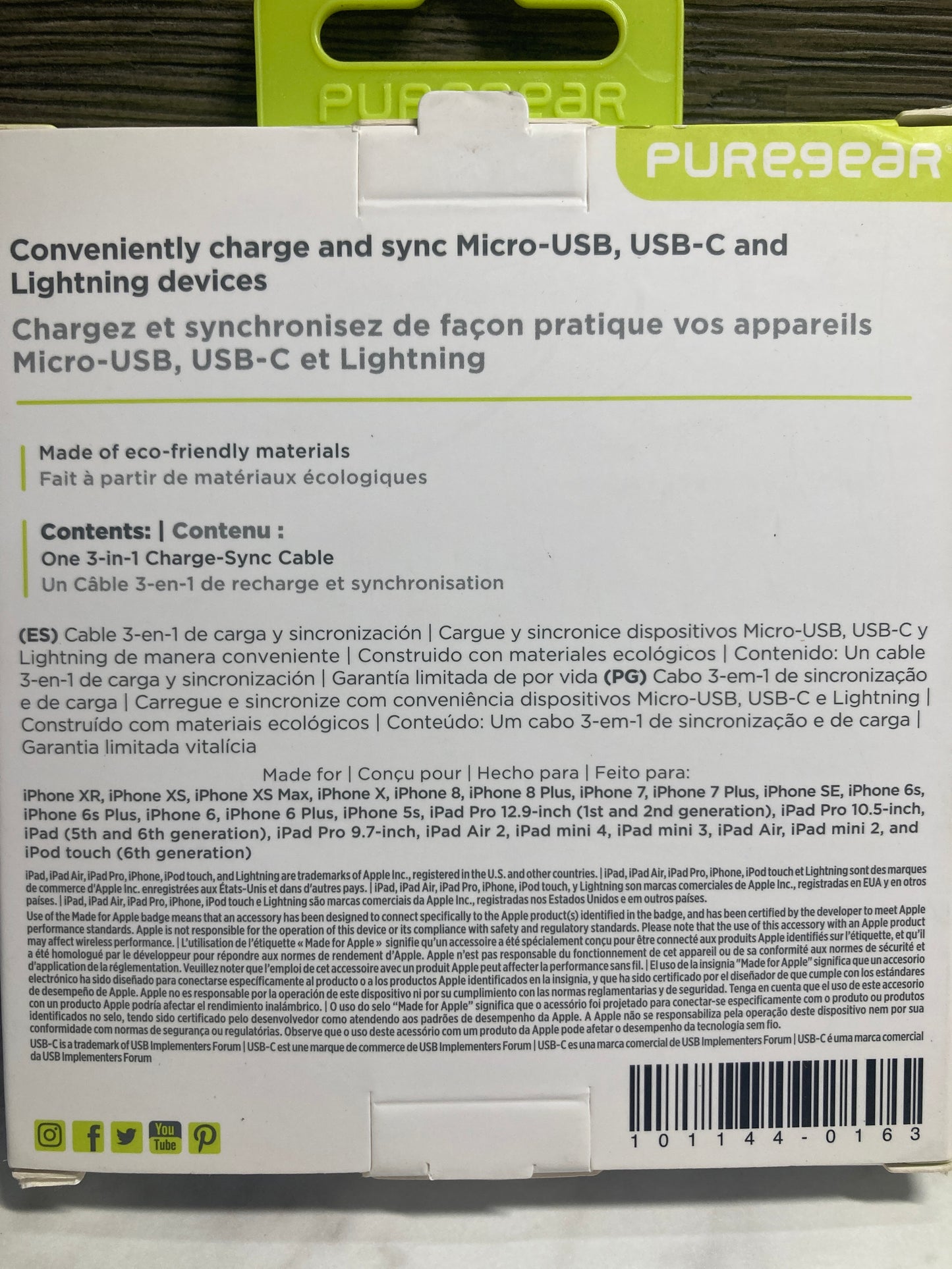 PureGear 3-in-1 cable 4ft 8pin, USB-C and micro-USB