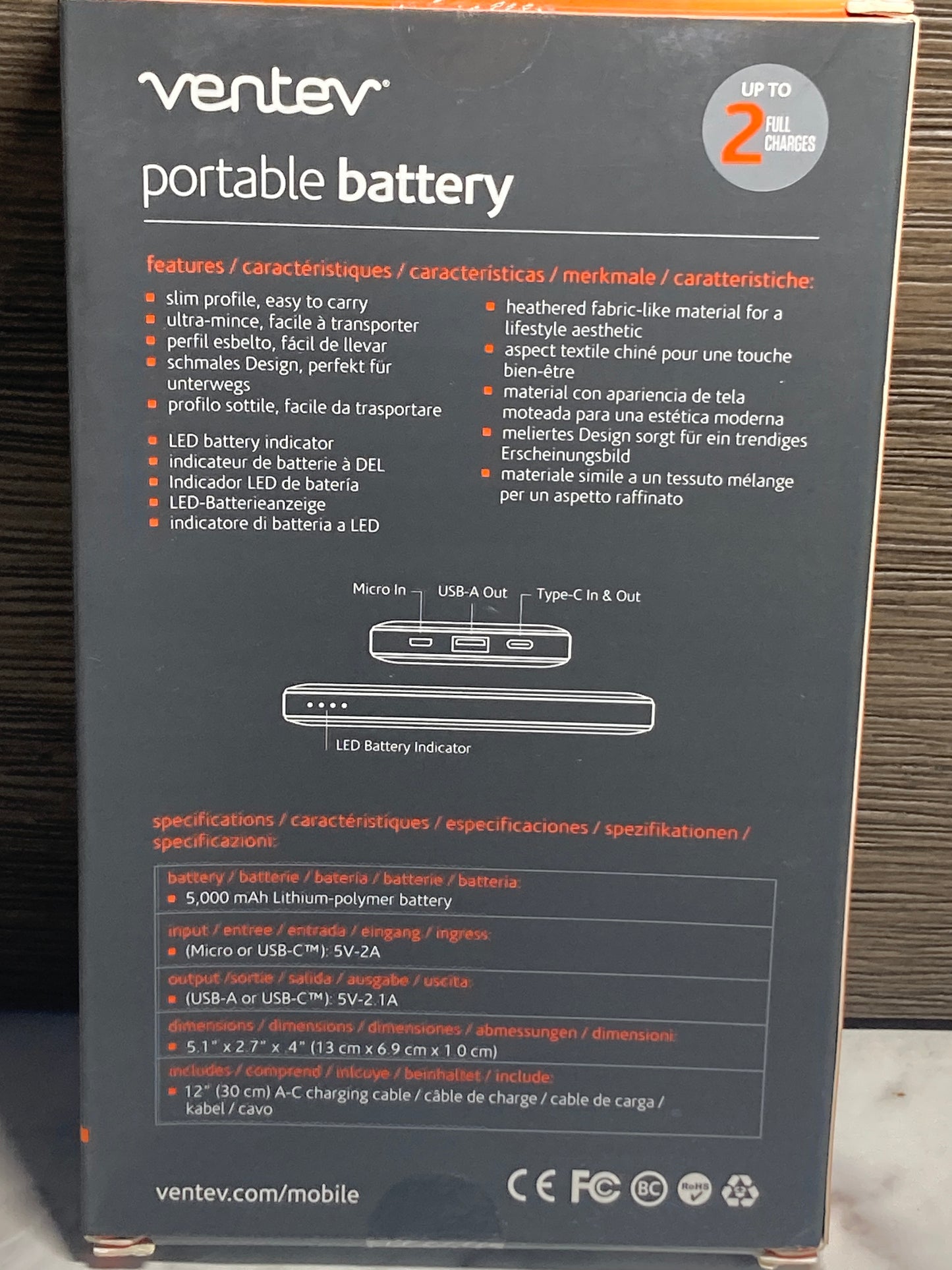 Ventev- Portable Charger A&C Output, up to 2 FULL CHARGES