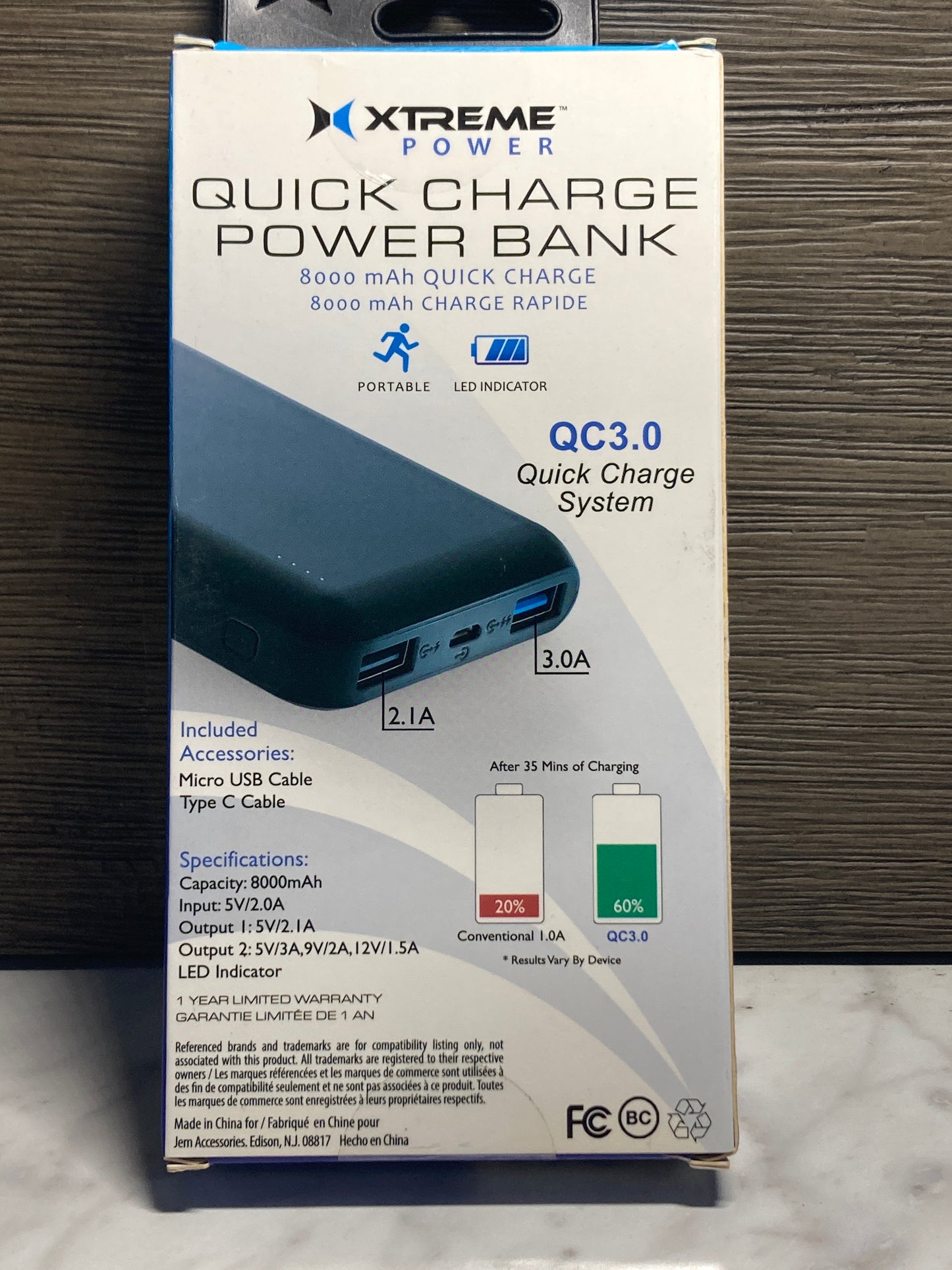 XTREME POWER- Quick Charge Power Bank, micro USB cable included & type C cable included