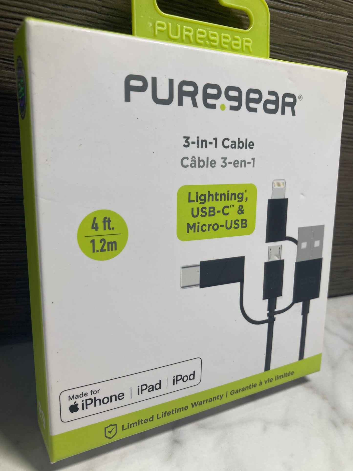 PureGear 3-in-1 cable 4ft 8pin, USB-C and micro-USB