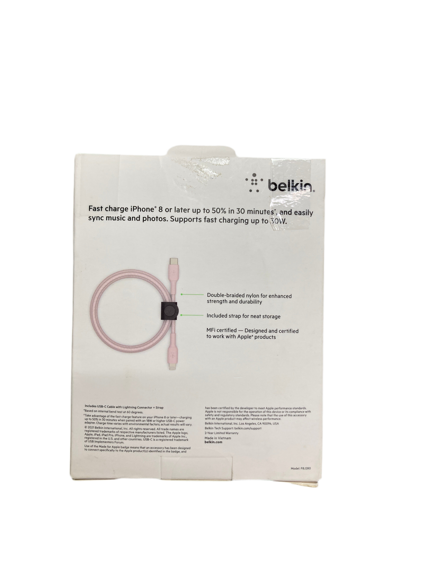 Belkin- BOOST CHARGE USB-C cable with 8Pin connector + strap Pink