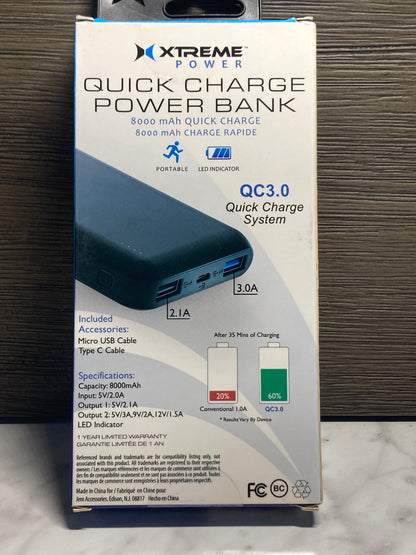 XTREME POWER- Quick Charge Power Bank, micro USB cable included & type C cable included