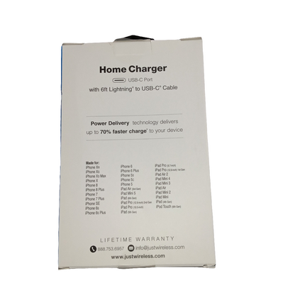 Just Wireless Home Charger 6ft 8 Pins to USB-C Cable